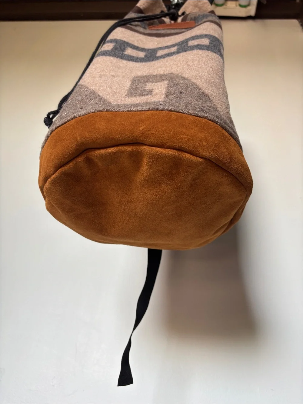 Vintage Pendleton Tan and Brown Patterned Wool Drawstring Bucket Bag